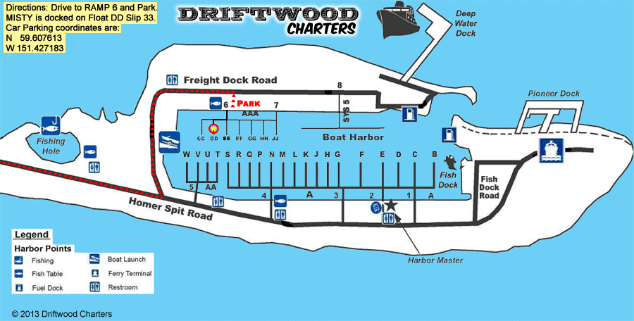 Location Map for Driftwood Charters in the Homer Boat Harbor