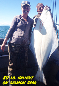 An 80 lb. halibut caught on light tackle while trolling for king salmon in Cook Inlet Alaska.