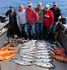 A good catch of Alaska feeder kings, salmon, and rockfish on a Wednesday no halibut fishing day.